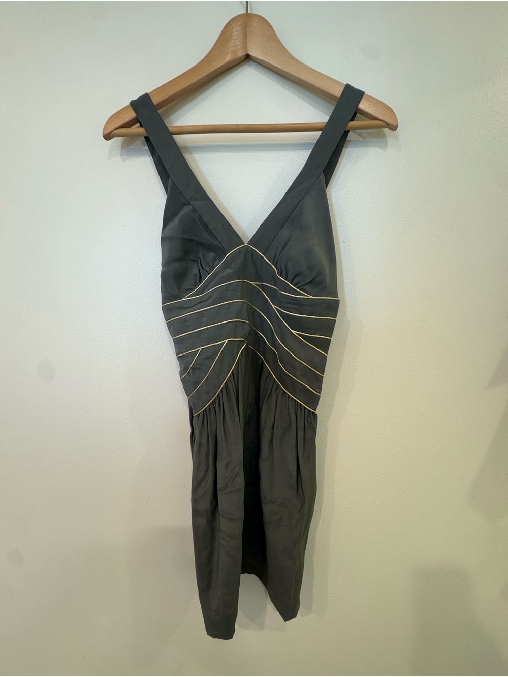 Sandro Sleeveless V-Neck 100% Silk Dress with Gold Trim